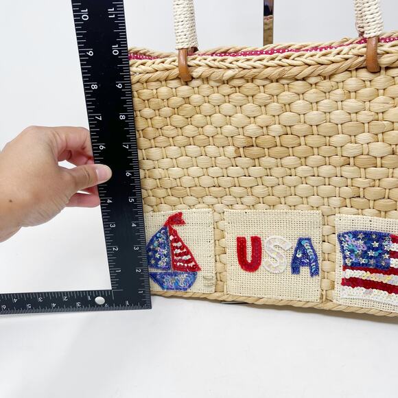 Quacker Factory USA Patriotic Wicker Tote Bag Purse Flag Sequin Embellished - Picture 16 of 16